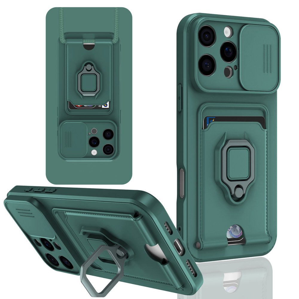  iPhone 16 Pro Kılıf Zuma Kartvizitli Yüzüklü Silikon - Yeşil