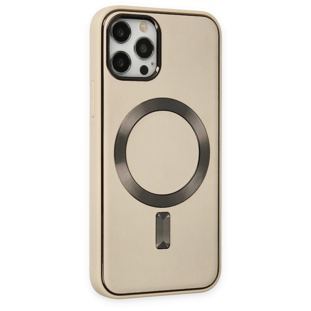 iPhone 12 Pro Max Kılıf Coco Deri Magneticsafe Silikon - Krem