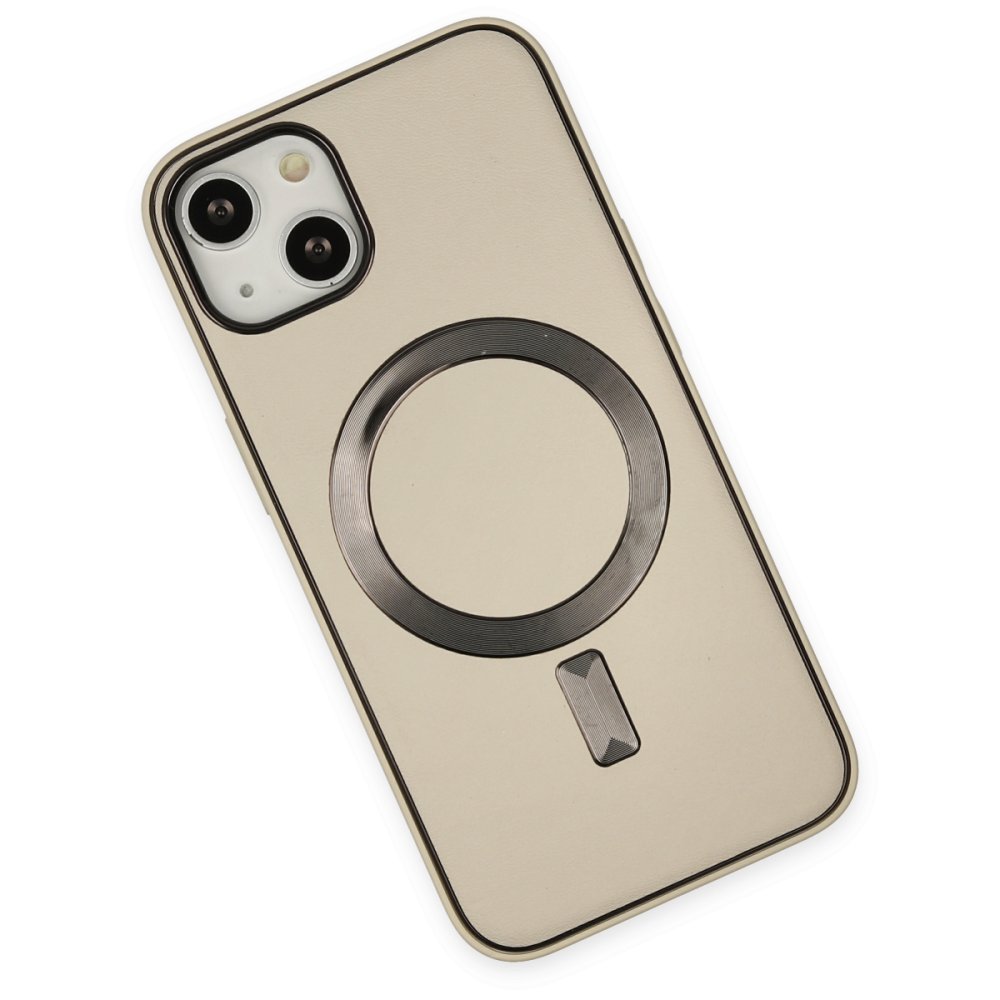 iPhone 14 Kılıf Coco Deri Magneticsafe Silikon - Krem