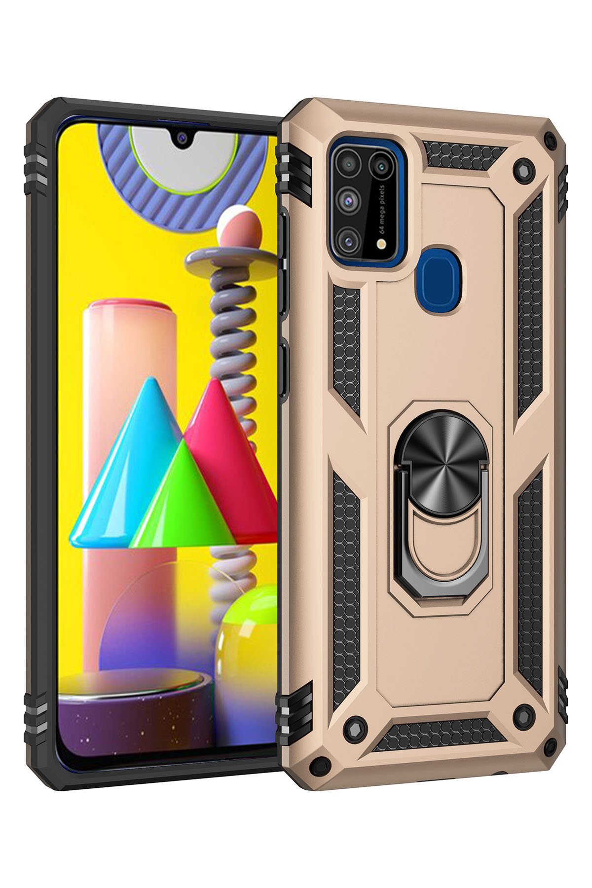  Samsung Galaxy M30S Kılıf Sofya Yüzüklü Silikon Kapak - Gold