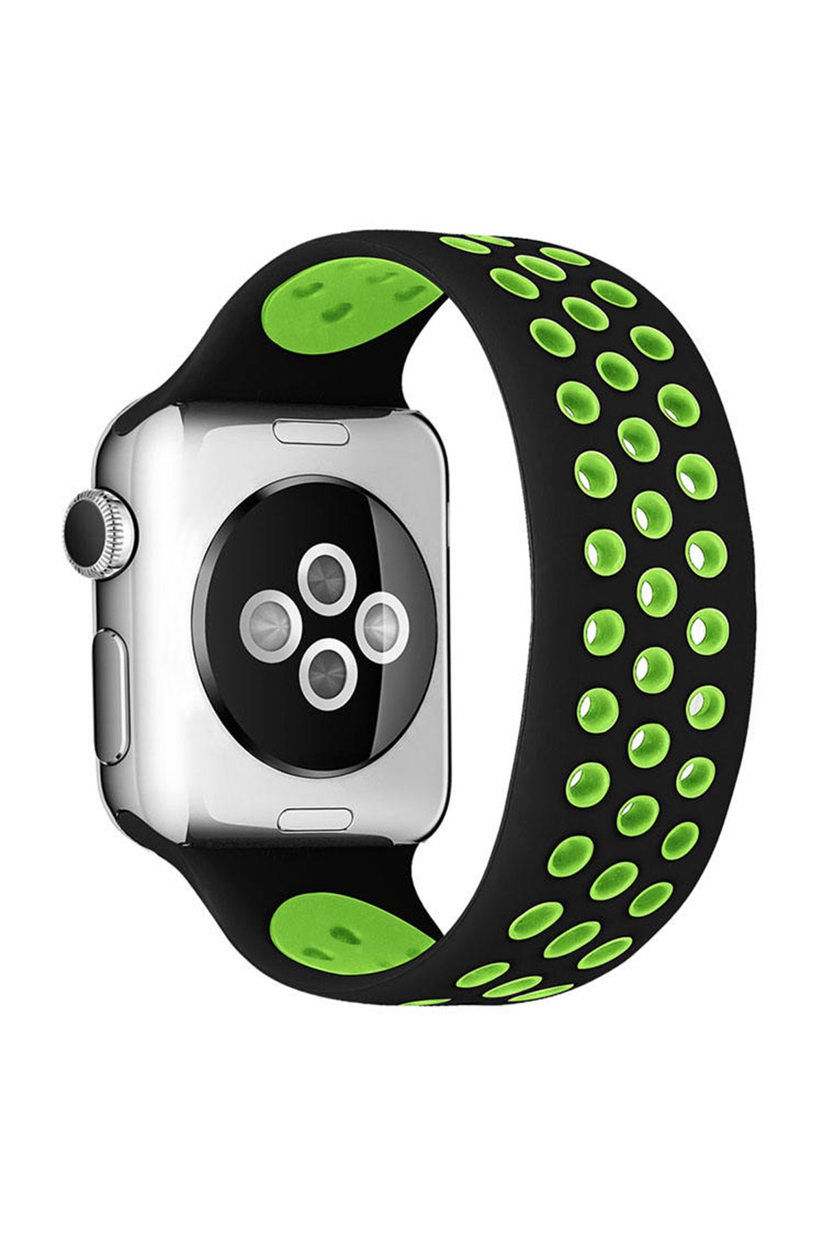 Apple Watch 44mm Ayarlı Delikli Silikon Kordon - Siyah-Yeşil Apple Watch 44mm Ayarlı Delikli Silikon Kordon - Siyah-Yeşil