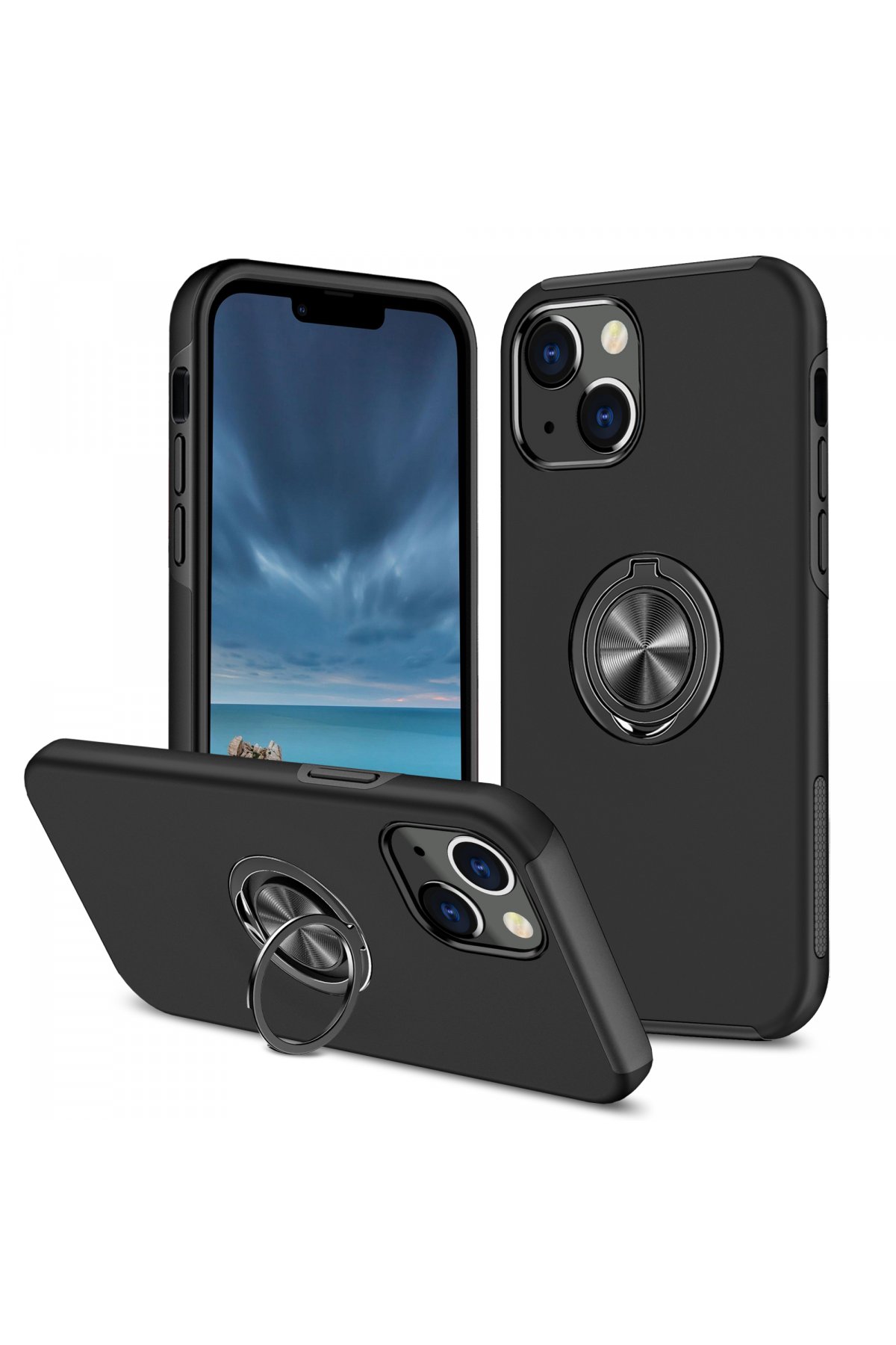  iPhone 13 Kılıf Elit Yüzüklü Kapak - Siyah