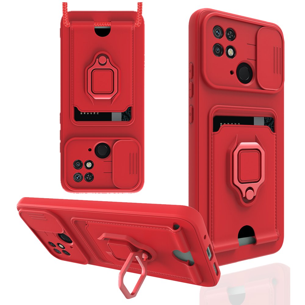 Redmi 10C Kılıf Zuma Kartvizitli Yüzüklü Silikon - Kırmızı