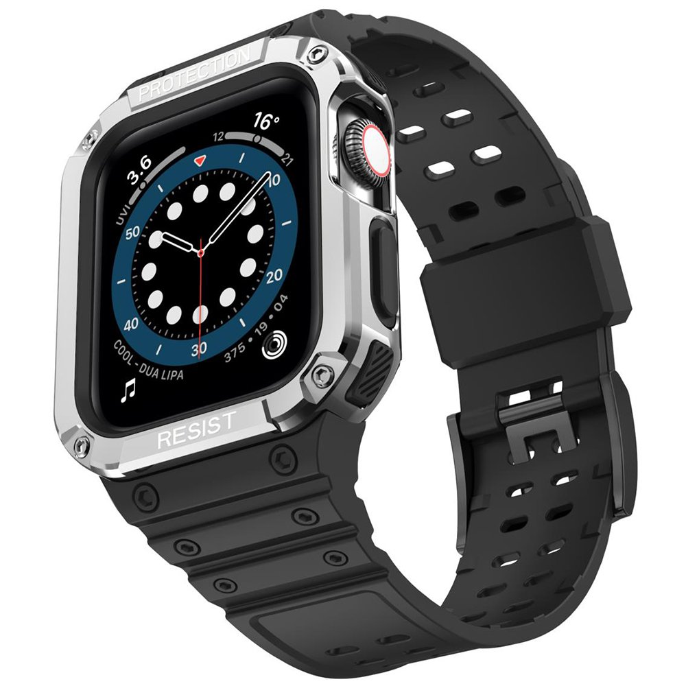  Apple Watch 44mm KR401 Silikon Kordon - Siyah-Gümüş