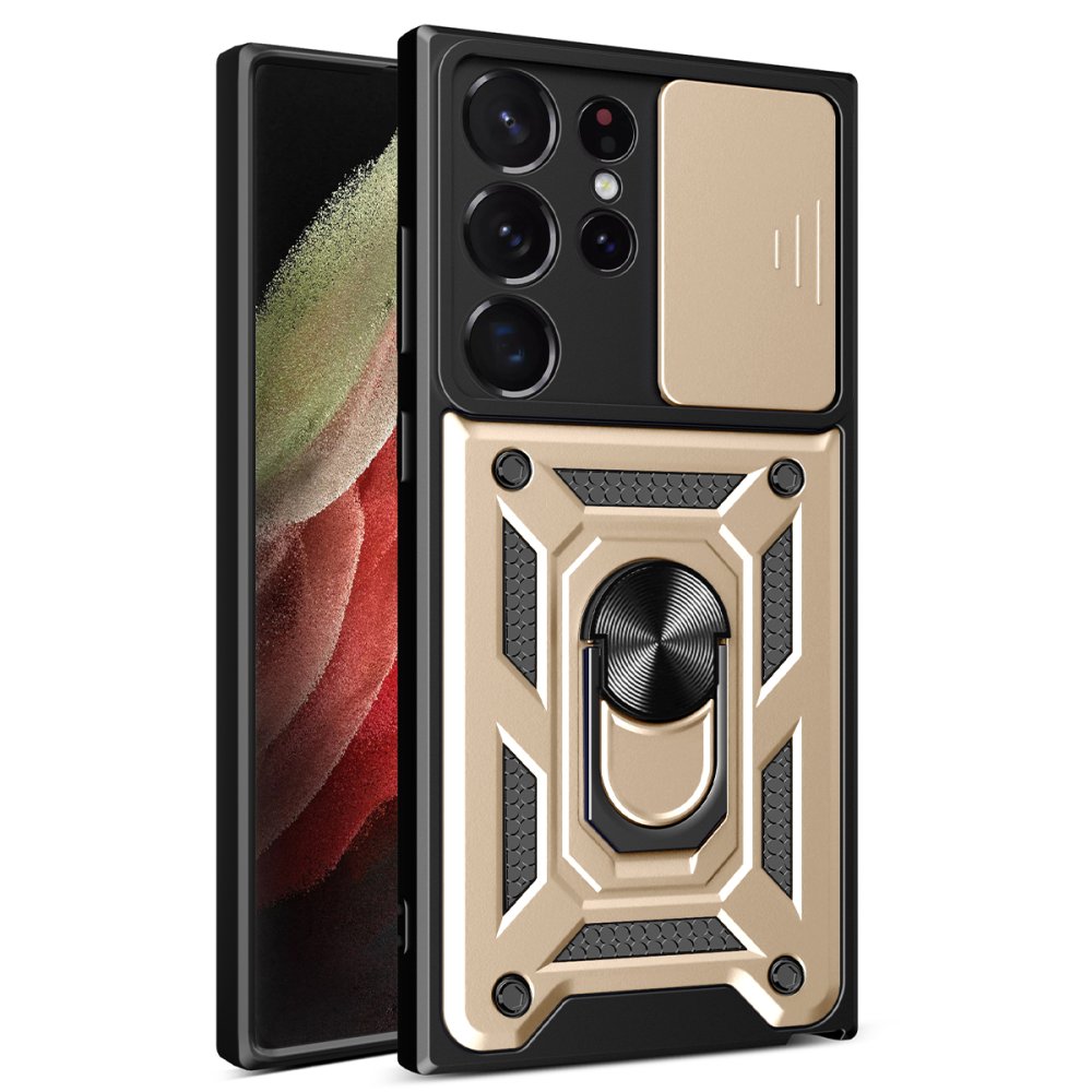  Samsung Galaxy S23 Ultra Kılıf Pars Lens Yüzüklü Silikon - Gold