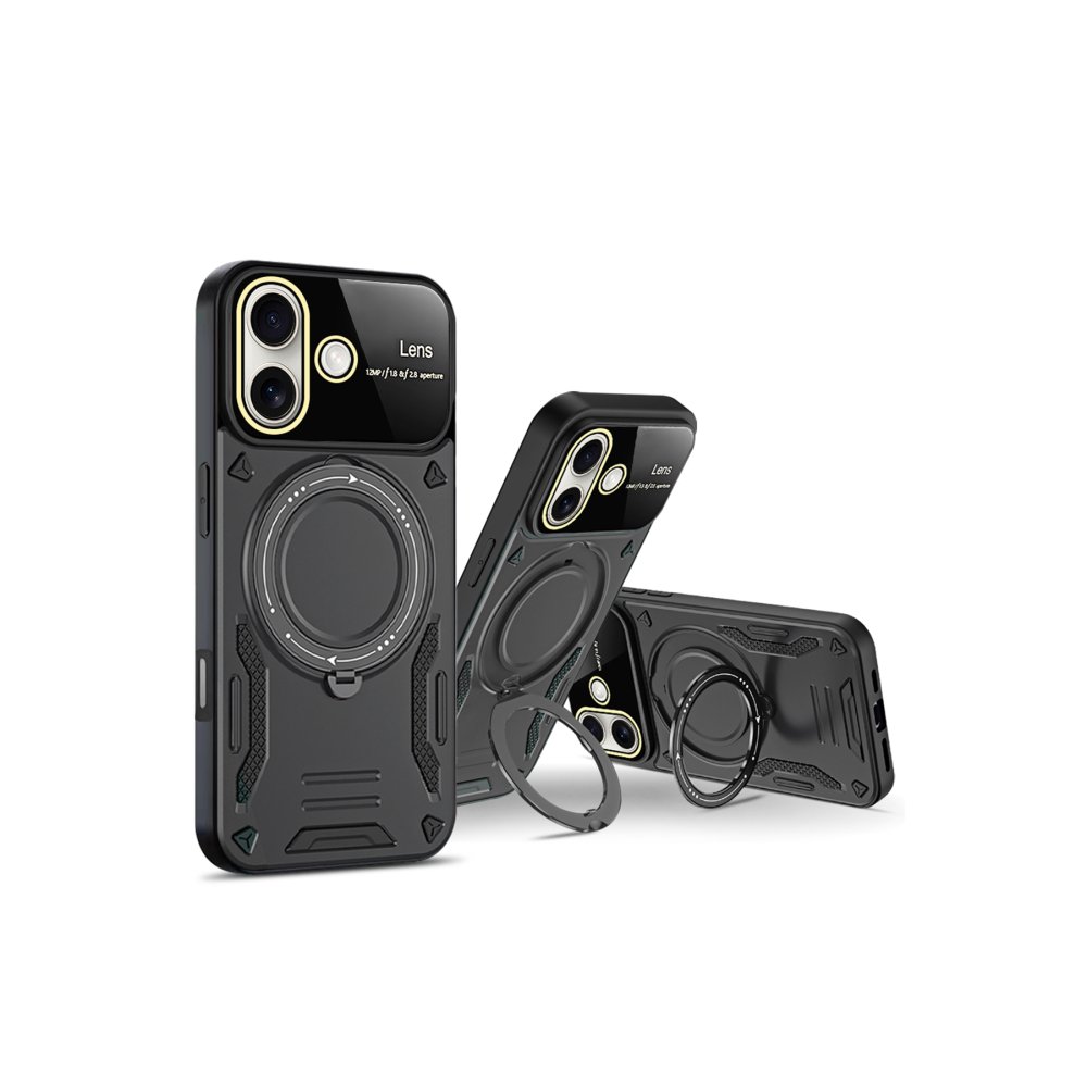 iPhone 16 Kılıf Joy Lens Standlı Kapak - Koyu Yeşil  iPhone 16 Kılıf Joy Lens Standlı Kapak - Koyu Yeşil