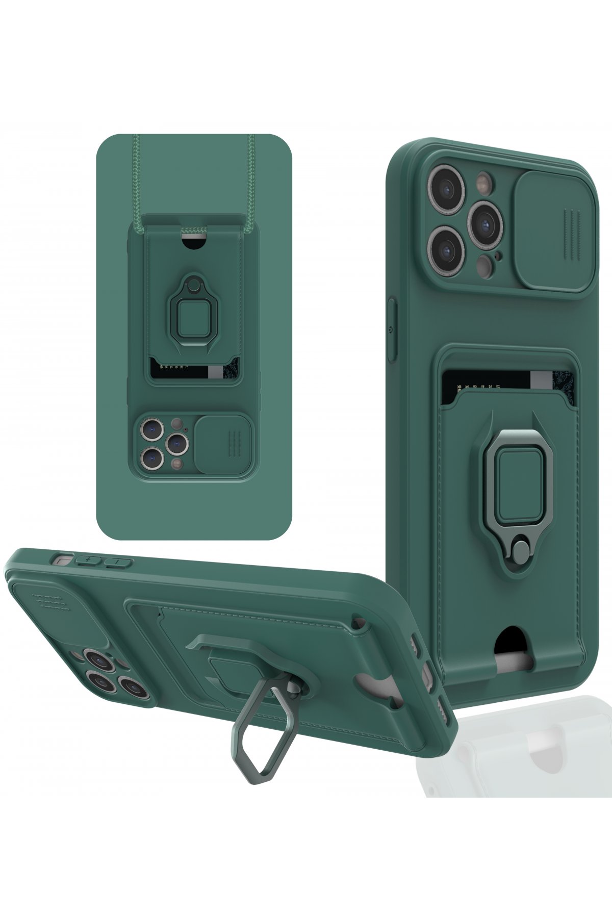  iPhone 12 Pro Kılıf Zuma Kartvizitli Yüzüklü Silikon - Yeşil