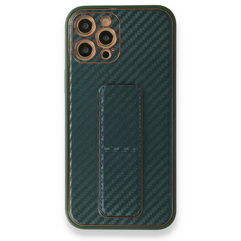  iPhone 12 Pro Max Kılıf Coco Karbon Standlı Kapak - Yeşil