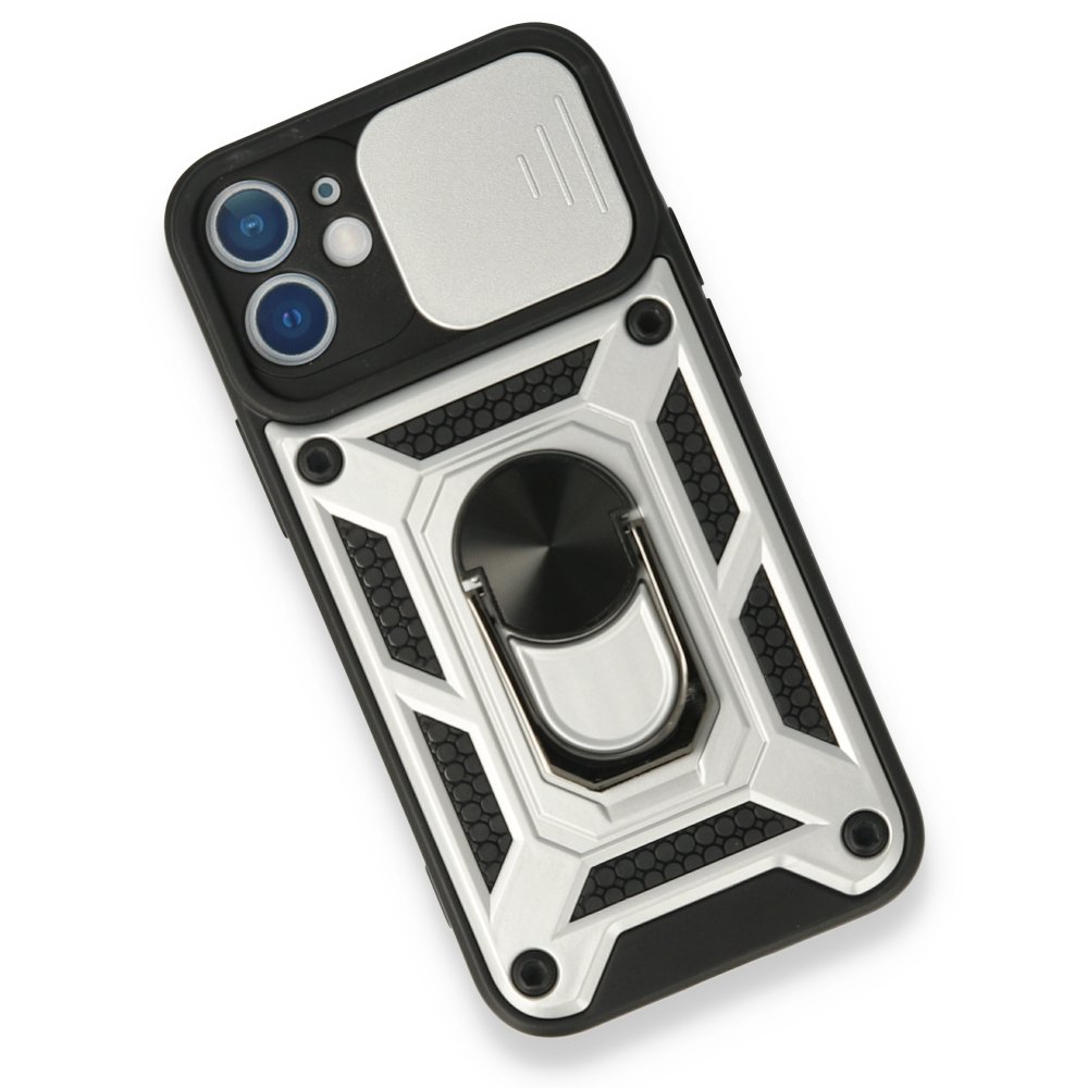  iPhone 12 Kılıf Pars Lens Yüzüklü Silikon - Gümüş