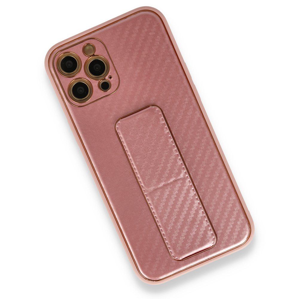  iPhone 12 Pro Max Kılıf Coco Karbon Standlı Kapak - Pembe