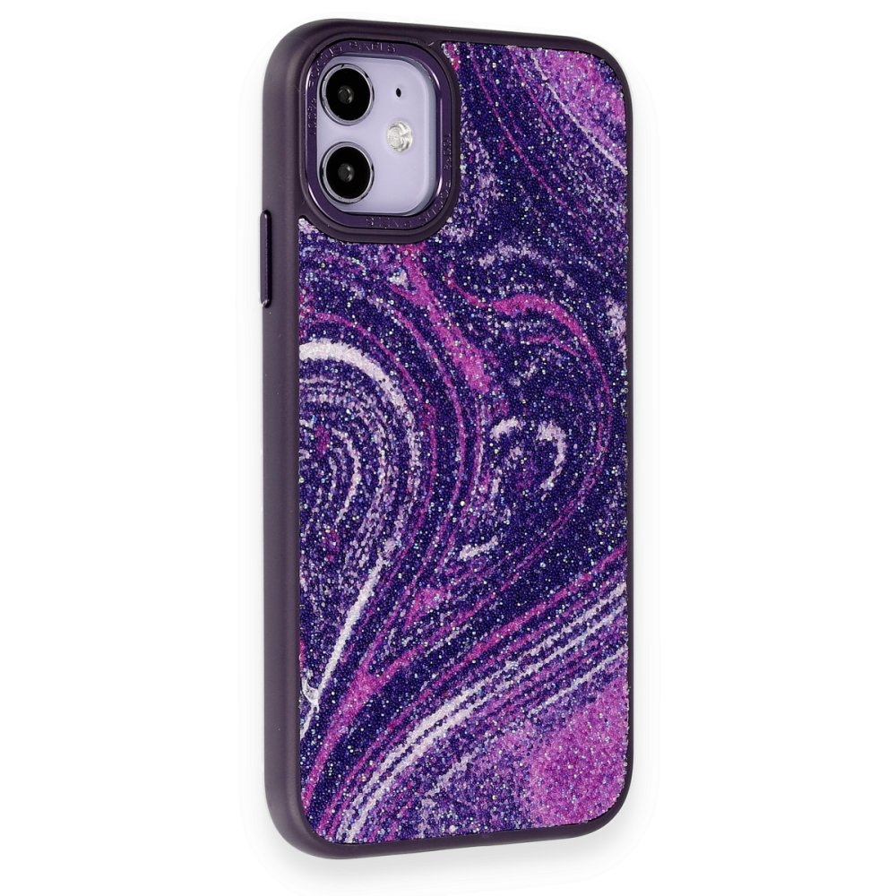  iPhone 12 Kılıf Moda Simli Kapak - Derin Mor