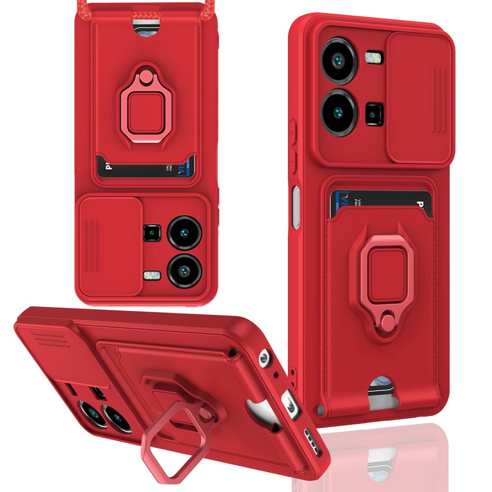  Vivo Y22S Kılıf Zuma Kartvizitli Yüzüklü Silikon - Kırmızı