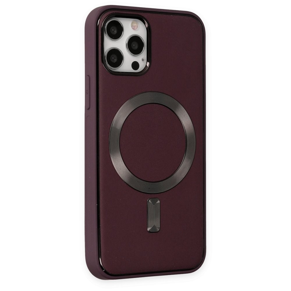  iPhone 12 Pro Max Kılıf Coco Deri Magneticsafe Silikon - Bordo