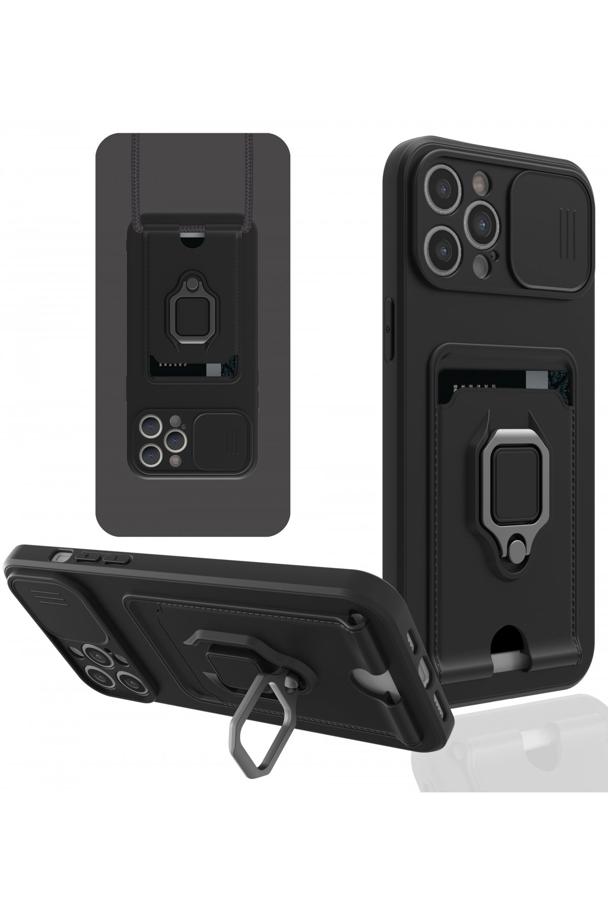  iPhone 12 Pro Kılıf Zuma Kartvizitli Yüzüklü Silikon - Siyah