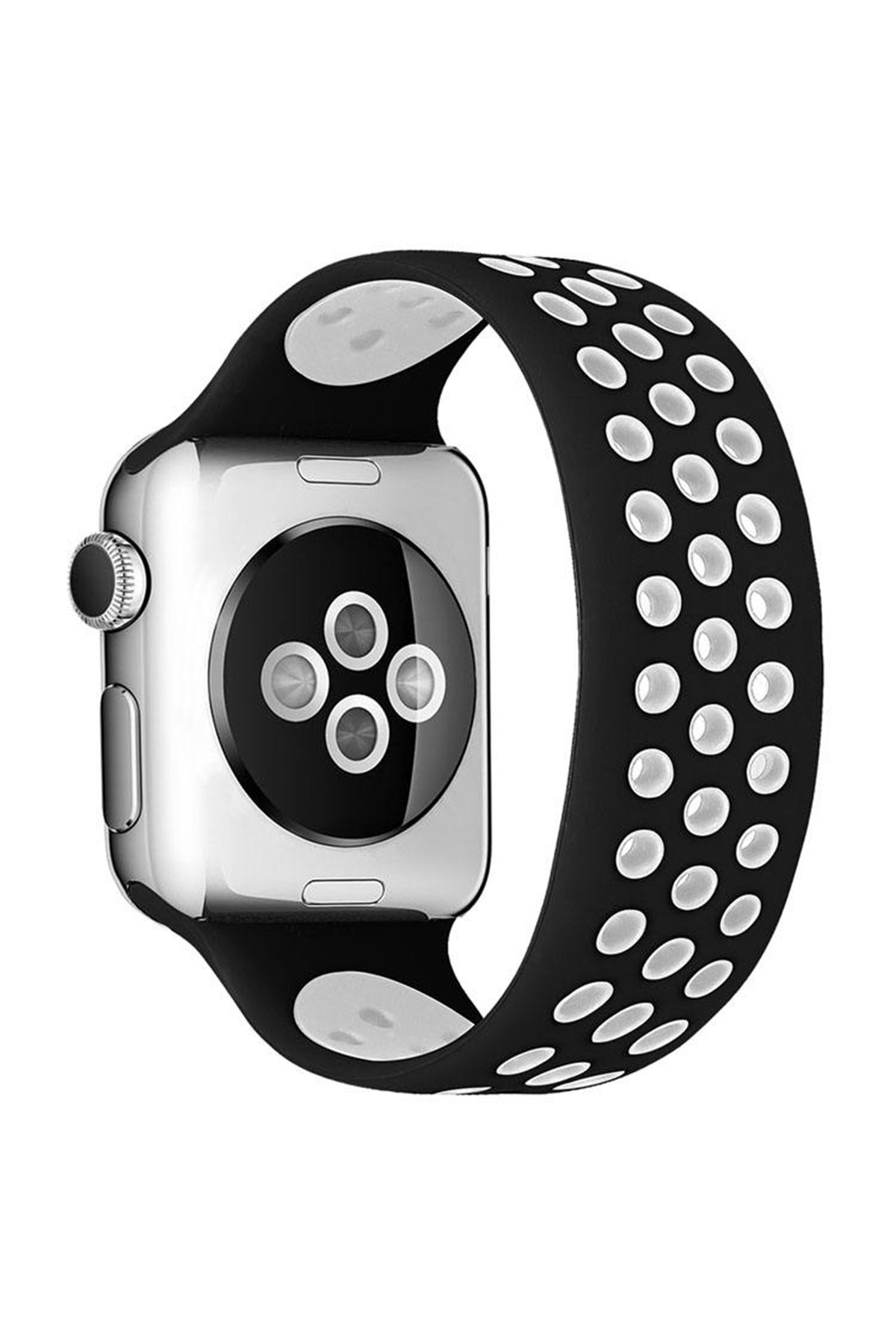 Apple Watch 38mm Ayarlı Delikli Silikon Kordon - Siyah-Beyaz Apple Watch 38mm Ayarlı Delikli Silikon Kordon - Siyah-Beyaz