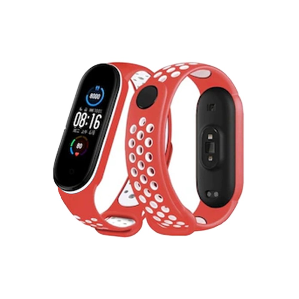  Xiaomi Mi Band 5 Spor Delikli Kordon - Kırmızı-Beyaz