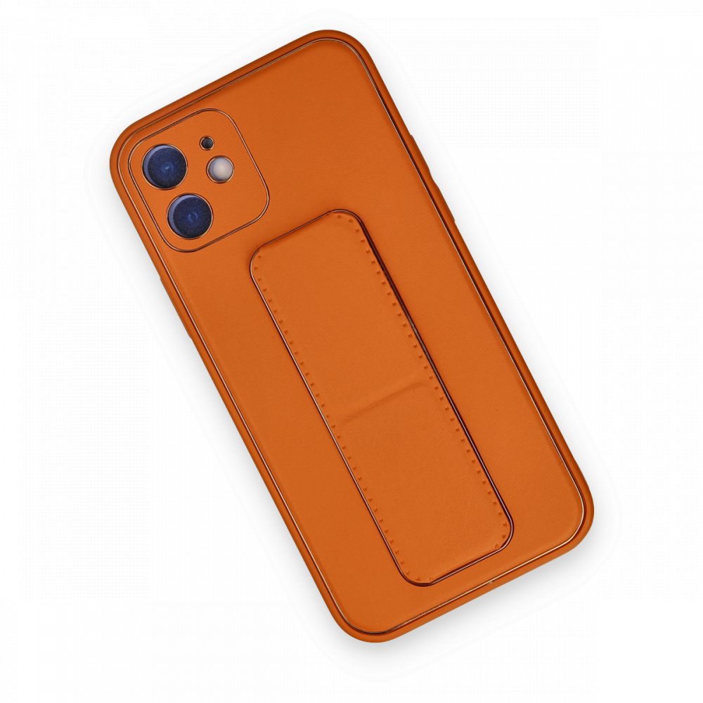  iPhone 12 Kılıf Coco Deri Standlı Kapak - Turuncu