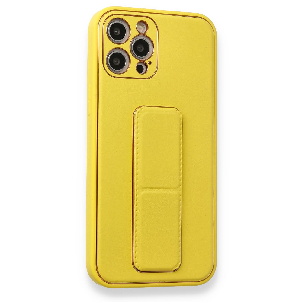  iPhone 12 Pro Max Kılıf Coco Deri Standlı Kapak - Sarı