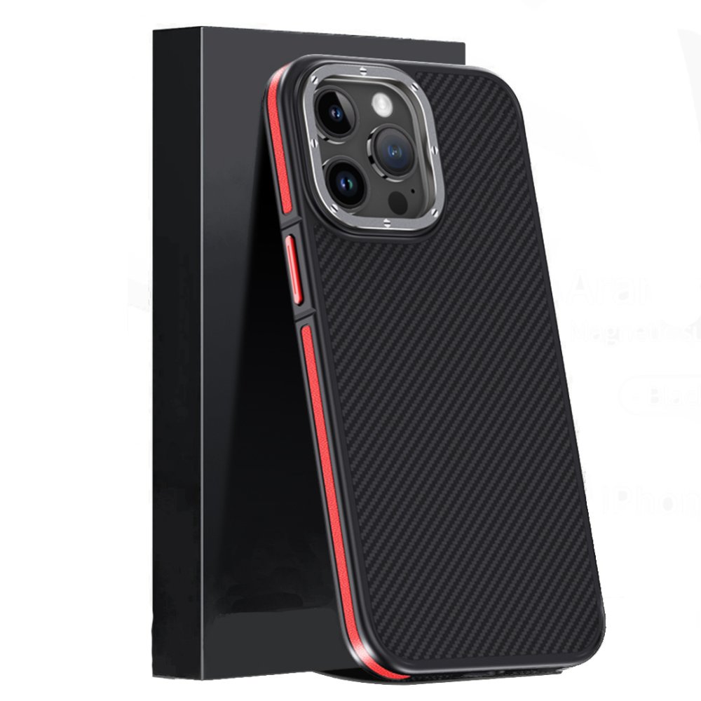 Joko iPhone 15 Pro Max Kılıf Aramid 600D Kevlar Karbon Fiber Magsafe Kapak - Kırmızı