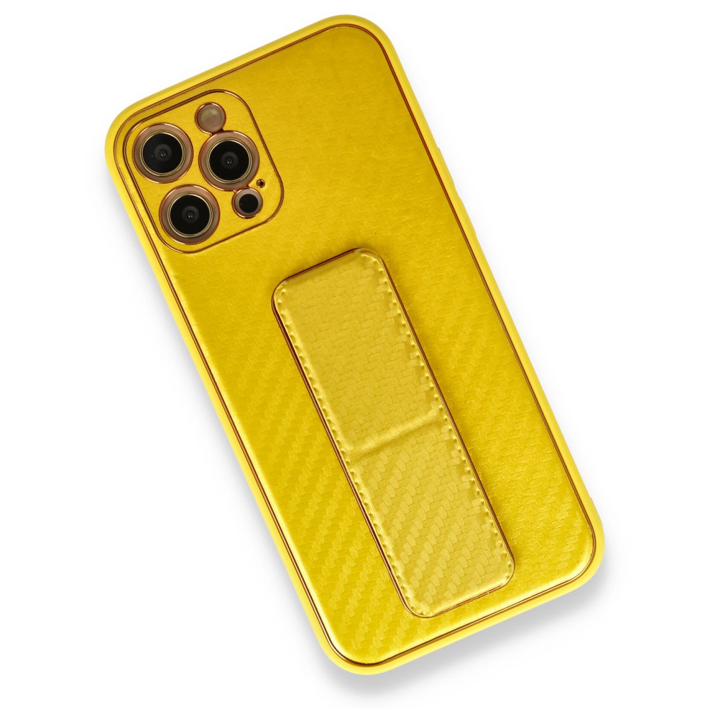  iPhone 12 Pro Max Kılıf Coco Karbon Standlı Kapak - Sarı