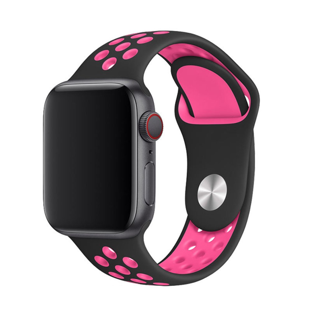  Apple Watch 41mm Spor Delikli Kordon - Siyah-Koyu Pembe