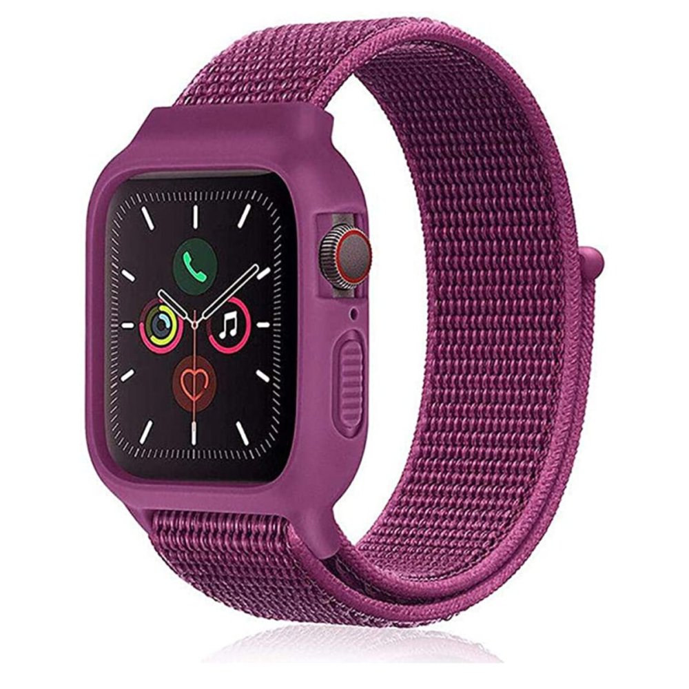  Apple Watch 38mm Hasırlı Cırtcırtlı Kasalı Kordon - Fuşya