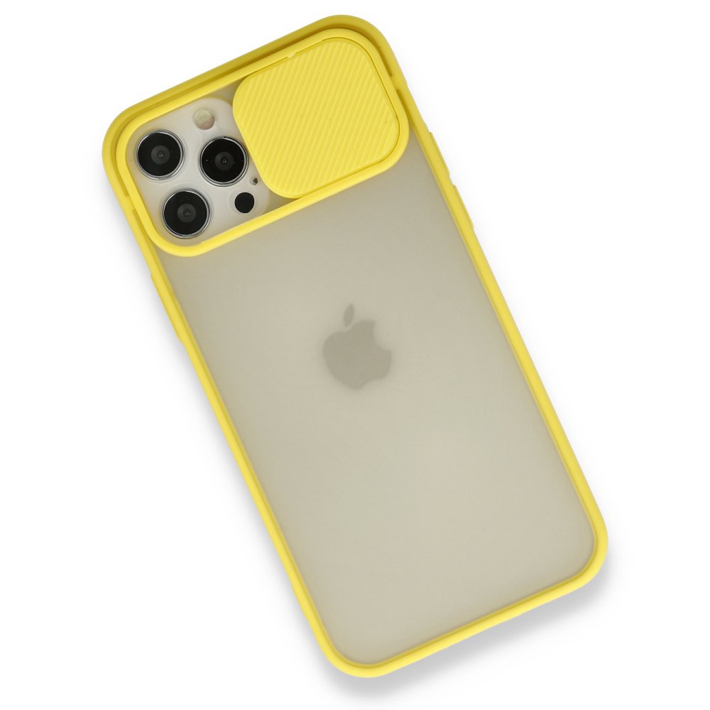 iPhone 12 Pro Kılıf Palm Buzlu Kamera Sürgülü Silikon - Sarı iPhone 12 Pro Kılıf Palm Buzlu Kamera Sürgülü Silikon - Sarı