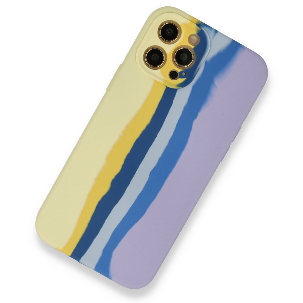  iPhone 12 Pro Max Kılıf Ebruli Lansman Silikon - Sarı-Lila