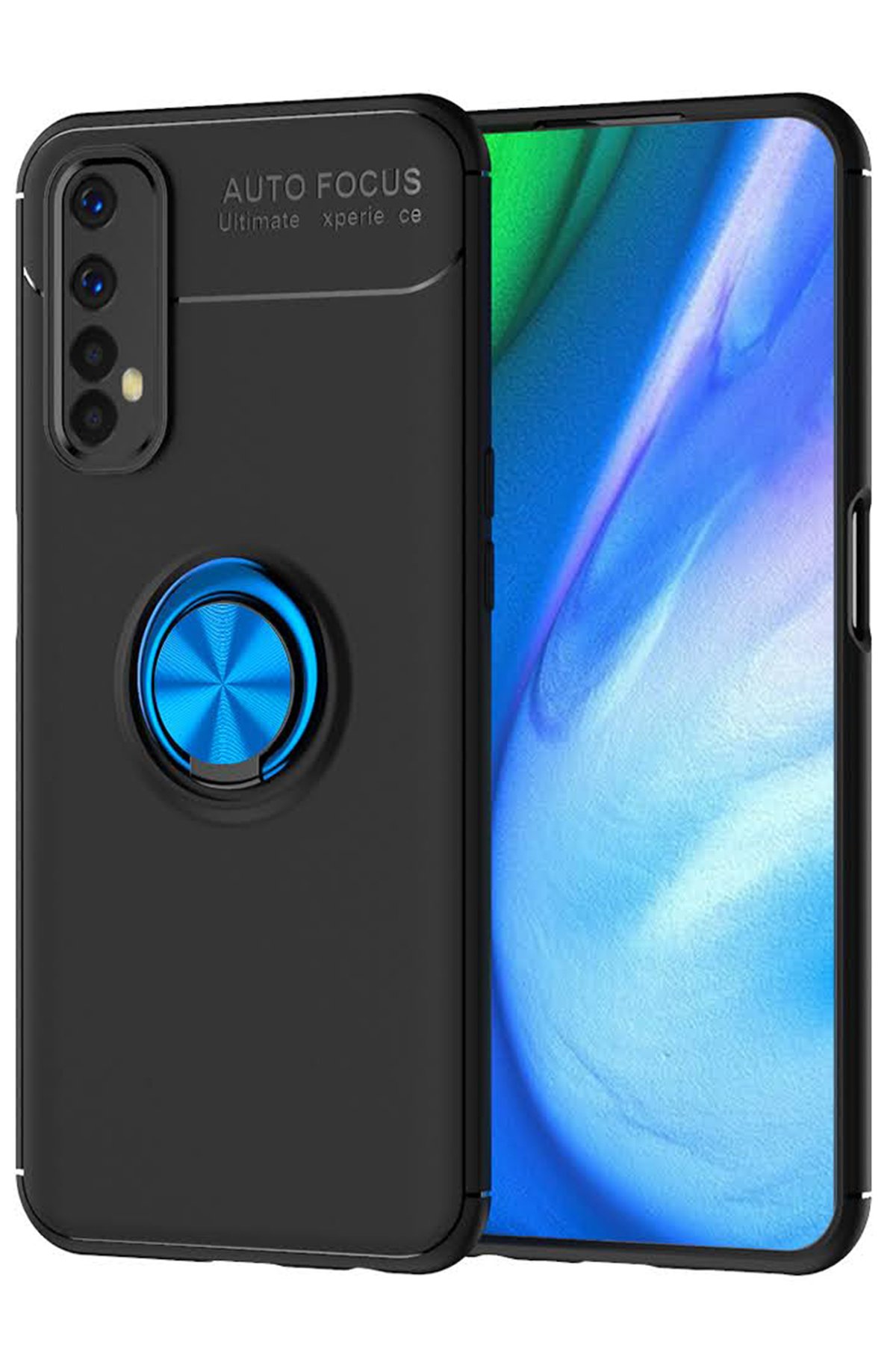 Realme 7 Kılıf Range Yüzüklü Silikon - Siyah-Mavi Realme 7 Kılıf Range Yüzüklü Silikon - Siyah-Mavi