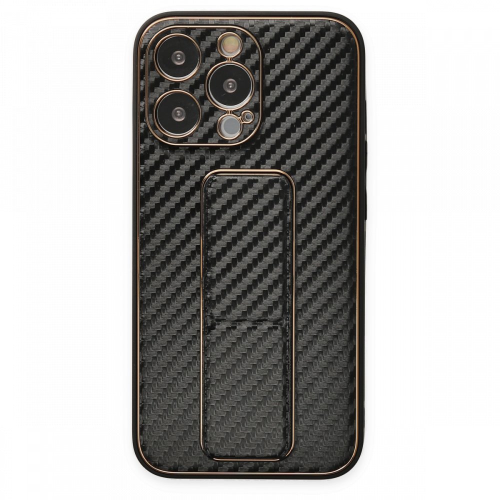 iPhone 13 Pro Kılıf Coco Karbon Standlı Kapak - Siyah  iPhone 13 Pro Kılıf Coco Karbon Standlı Kapak - Siyah