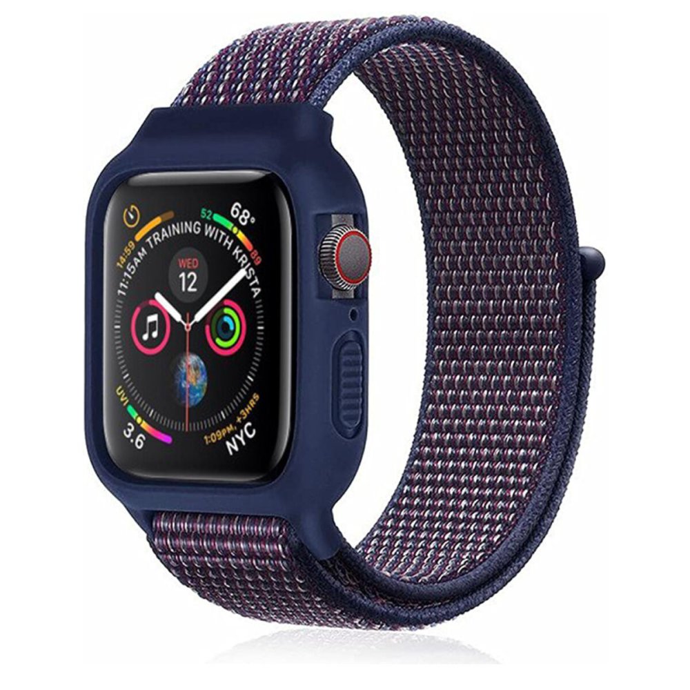  Apple Watch 44mm Hasırlı Cırtcırtlı Kasalı Kordon - Lacivert-Mürdüm