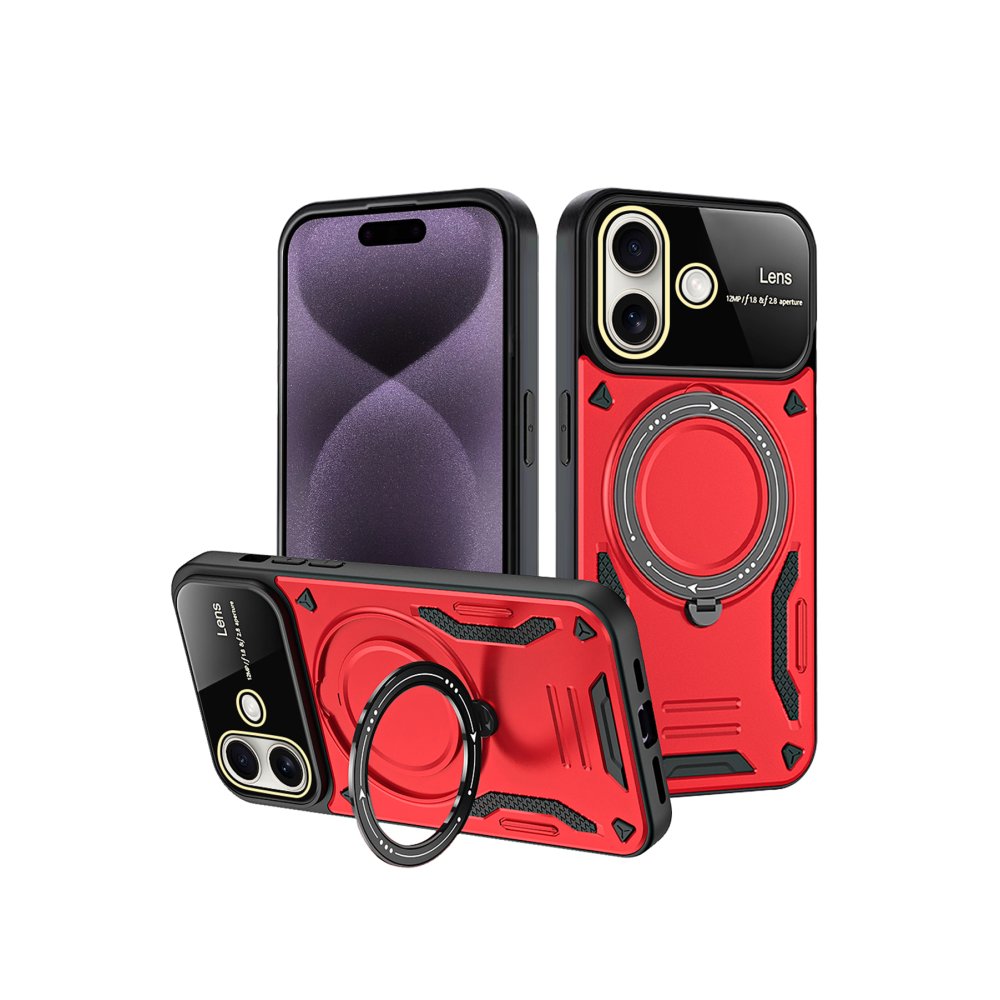 iPhone 16 Kılıf Joy Lens Standlı Kapak - Kırmızı  iPhone 16 Kılıf Joy Lens Standlı Kapak - Kırmızı