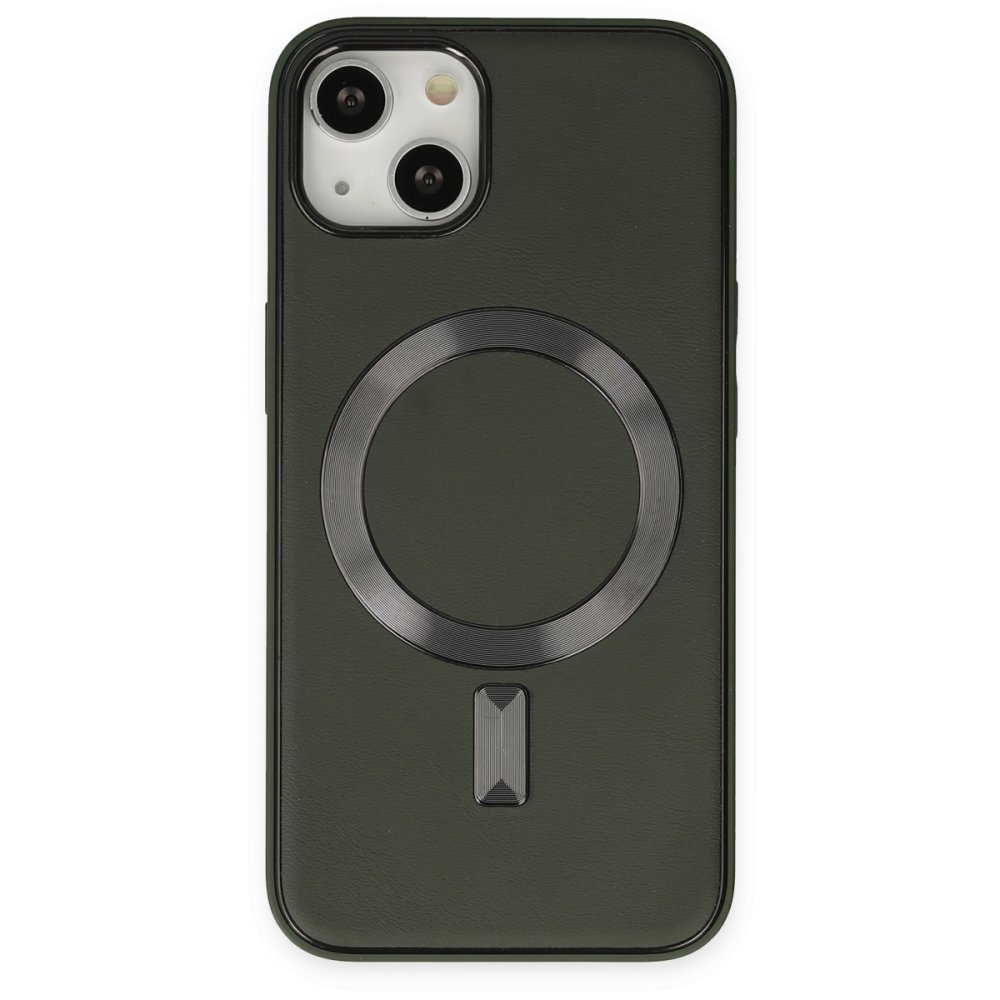  iPhone 14 Kılıf Coco Deri Magneticsafe Silikon - Haki Yeşil