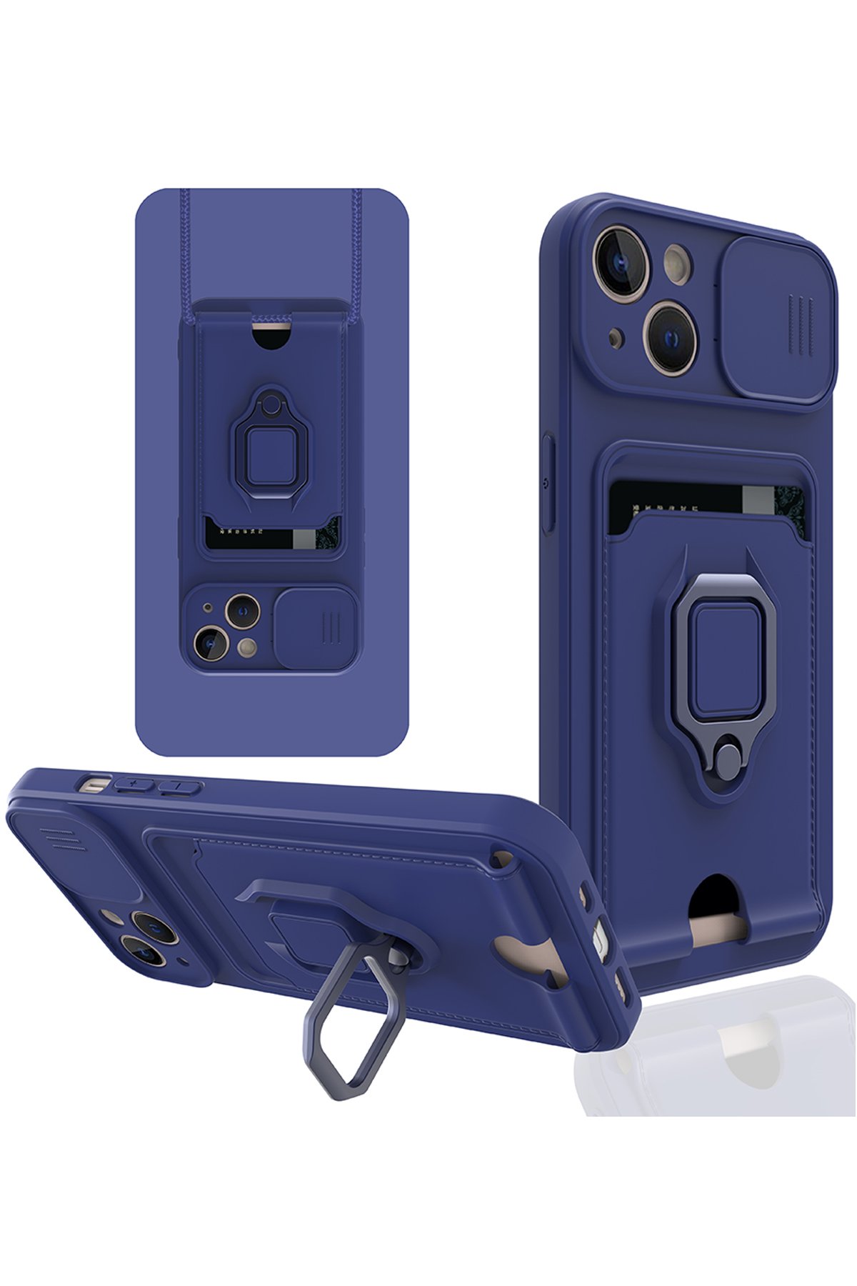  iPhone 14 Kılıf Zuma Kartvizitli Yüzüklü Silikon - Lacivert