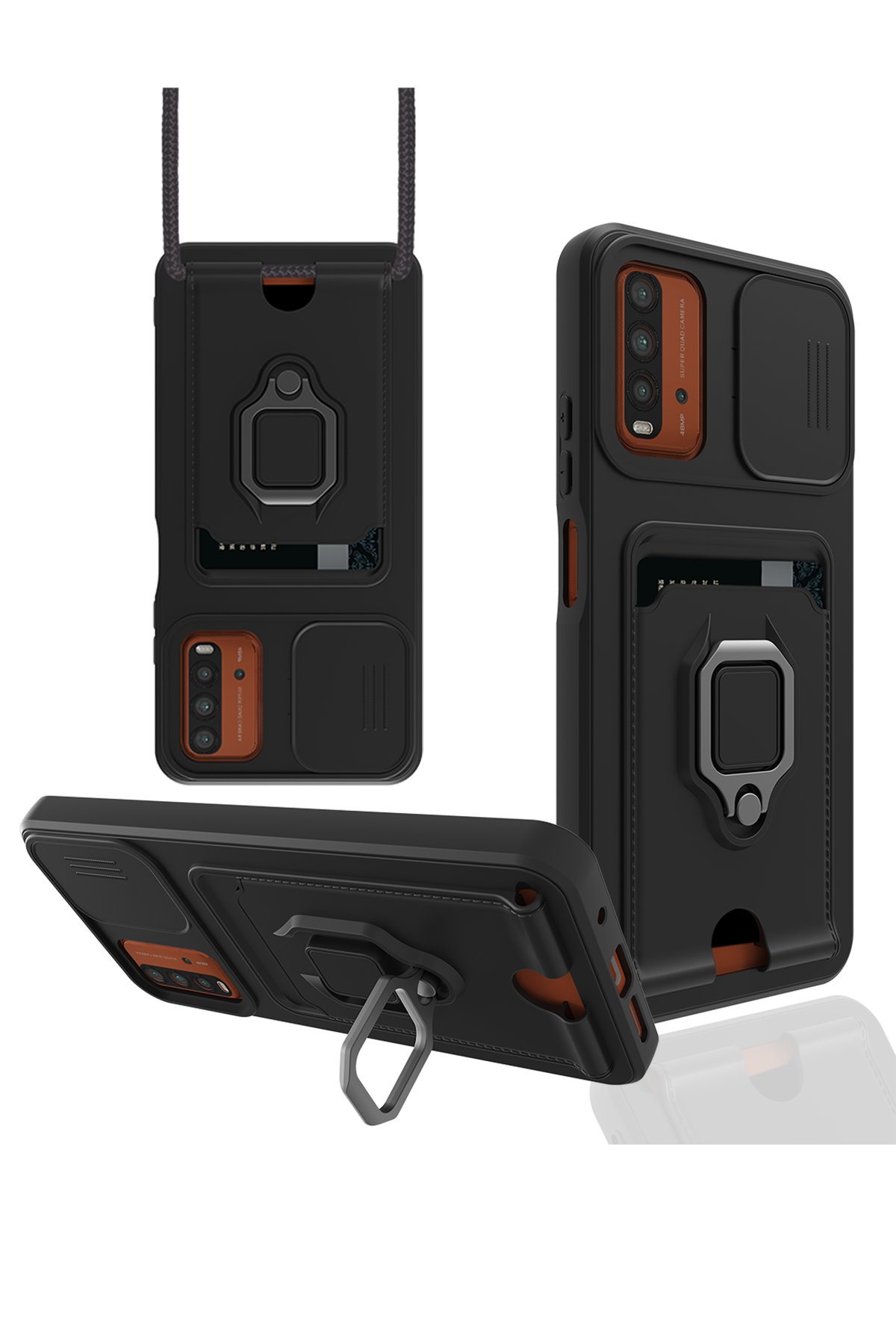 Redmi 9T Kılıf Zuma Kartvizitli Yüzüklü Silikon - Siyah