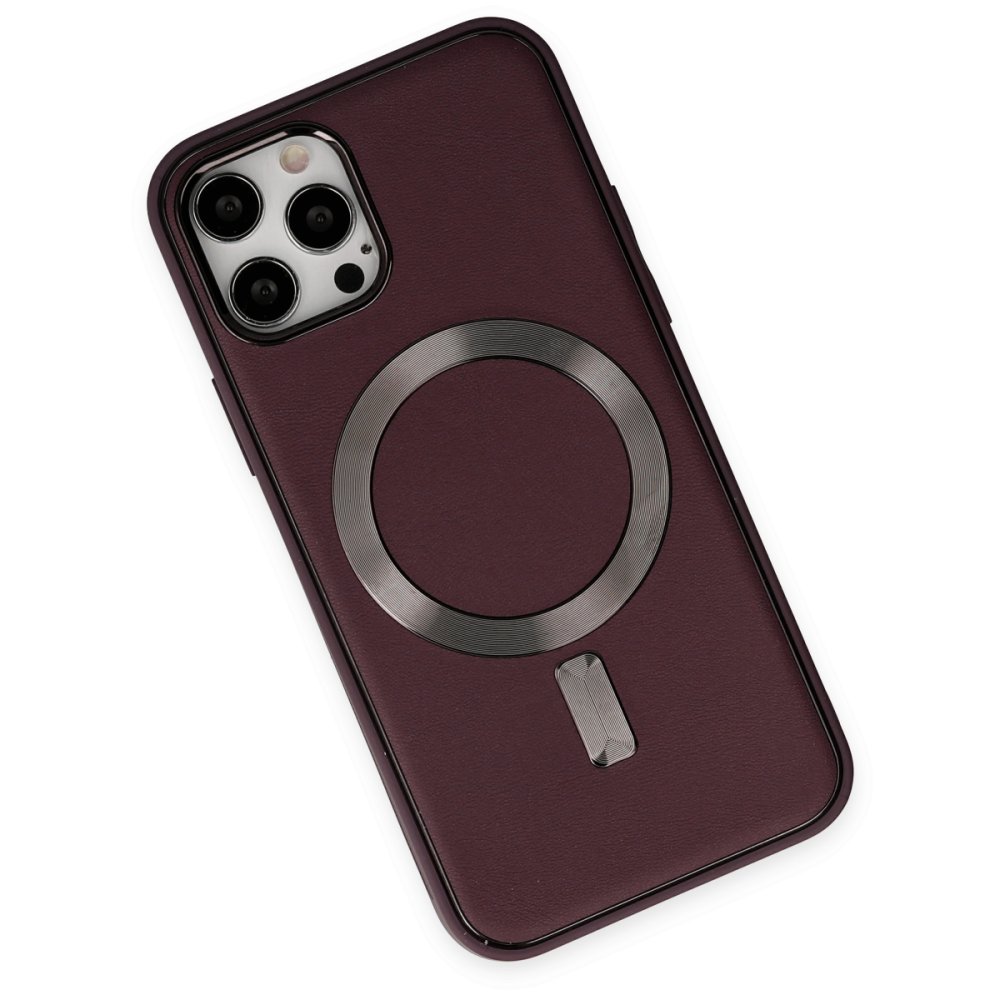  iPhone 12 Pro Max Kılıf Coco Deri Magneticsafe Silikon - Bordo