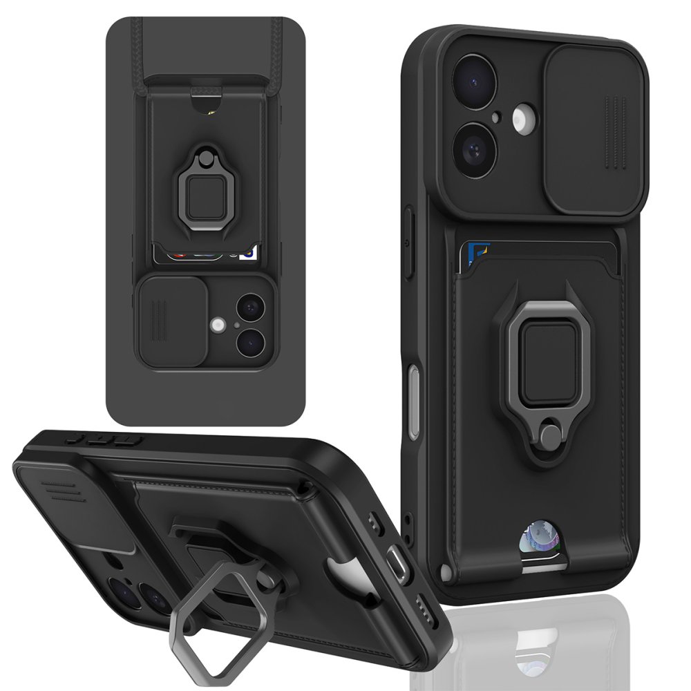 iPhone 16 Kılıf Zuma Kartvizitli Yüzüklü Silikon - Siyah  iPhone 16 Kılıf Zuma Kartvizitli Yüzüklü Silikon - Siyah