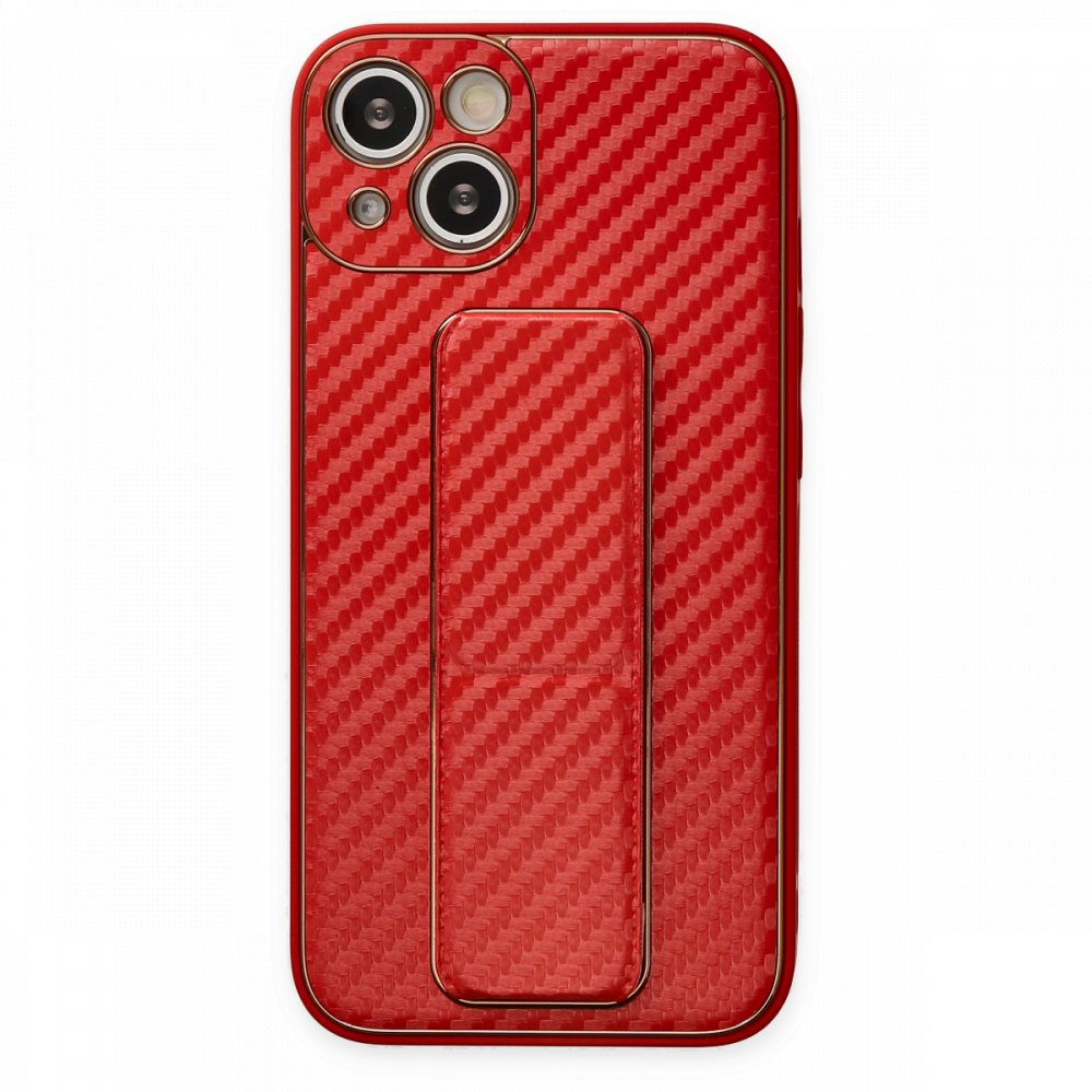 iPhone 13 Kılıf Coco Karbon Standlı Kapak - Kırmızı  iPhone 13 Kılıf Coco Karbon Standlı Kapak - Kırmızı