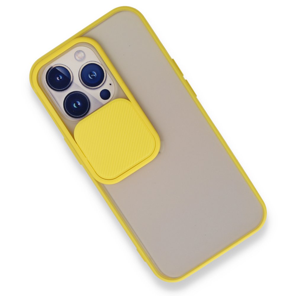 iPhone 13 Pro Kılıf Palm Buzlu Kamera Sürgülü Silikon - Sarı iPhone 13 Pro Kılıf Palm Buzlu Kamera Sürgülü Silikon - Sarı