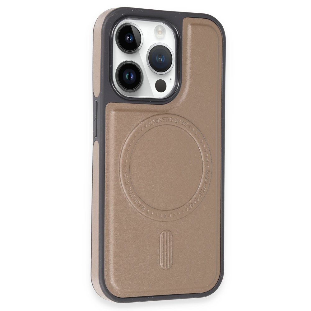  iPhone 14 Pro Kılıf Ozzi Magsafe Deri Kapak - Natural Grey
