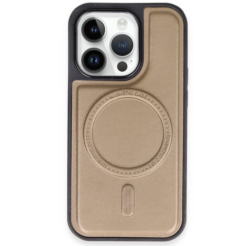  iPhone 14 Pro Kılıf Ozzi Magsafe Deri Kapak - Natural Grey