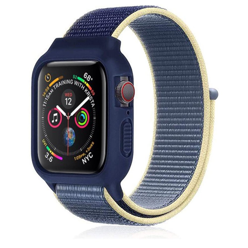  Apple Watch 42mm Hasırlı Cırtcırtlı Kasalı Kordon - Sarı-Lacivert
