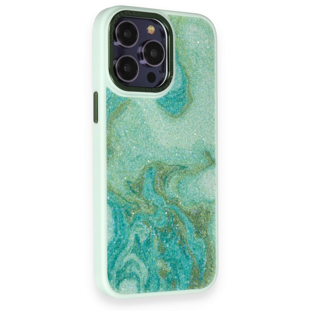 iPhone 13 Pro Max Kılıf Moda Simli Kapak - Yeşil  iPhone 13 Pro Max Kılıf Moda Simli Kapak - Yeşil