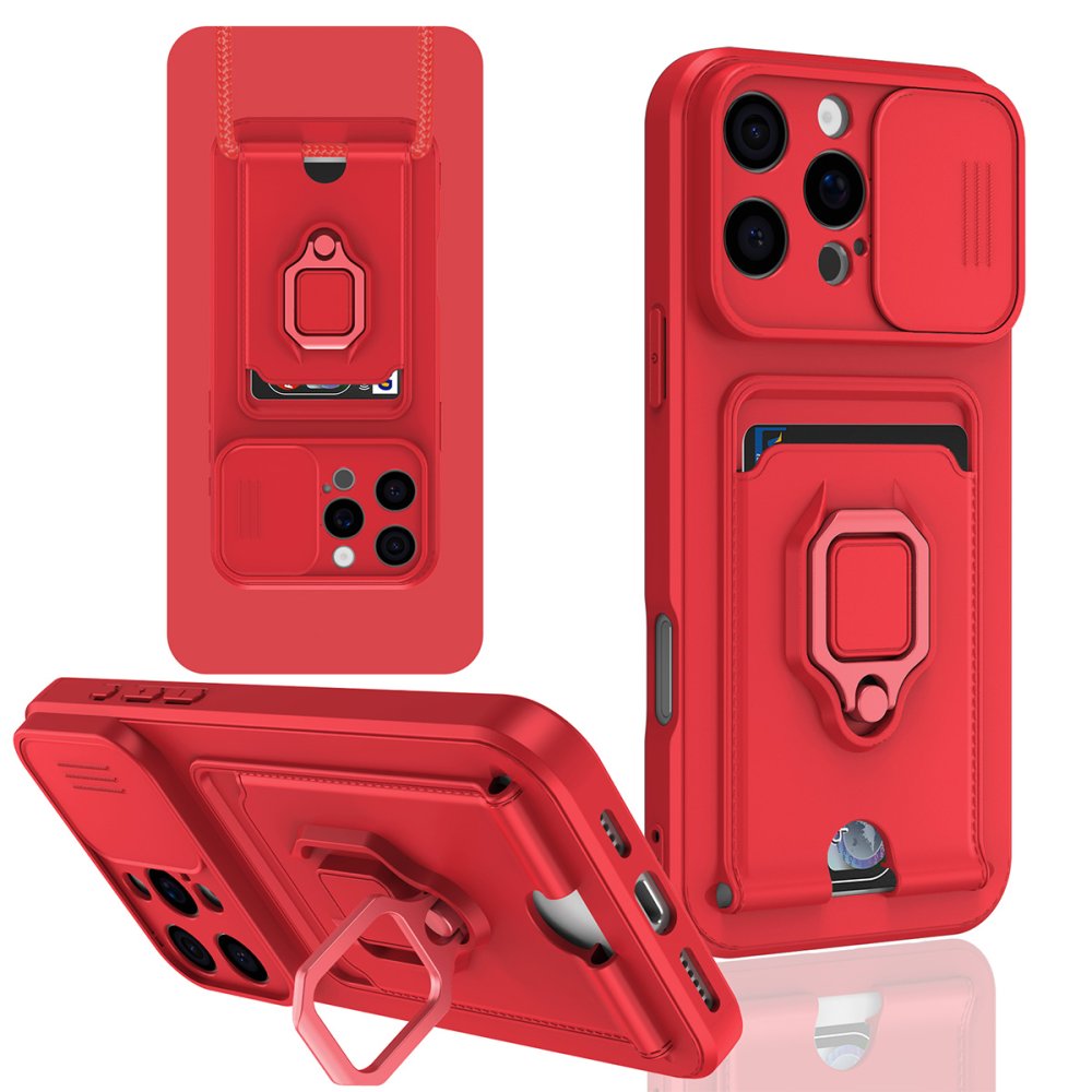  iPhone 16 Pro Max Kılıf Zuma Kartvizitli Yüzüklü Silikon - Kırmızı