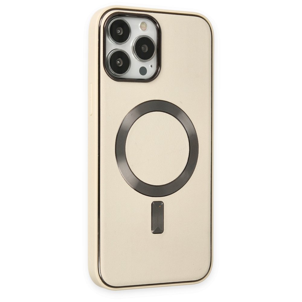  iPhone 13 Pro Max Kılıf Coco Deri Magneticsafe Silikon - Krem