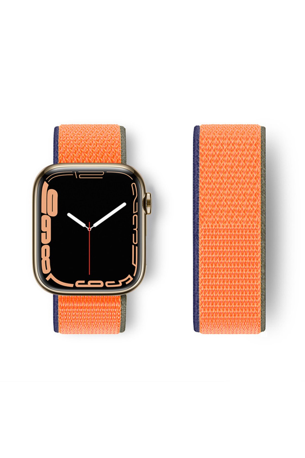Apple Watch 44mm Hasırlı Cırtcırtlı Kordon - Lacivert-Turuncu Apple Watch 44mm Hasırlı Cırtcırtlı Kordon - Lacivert-Turuncu