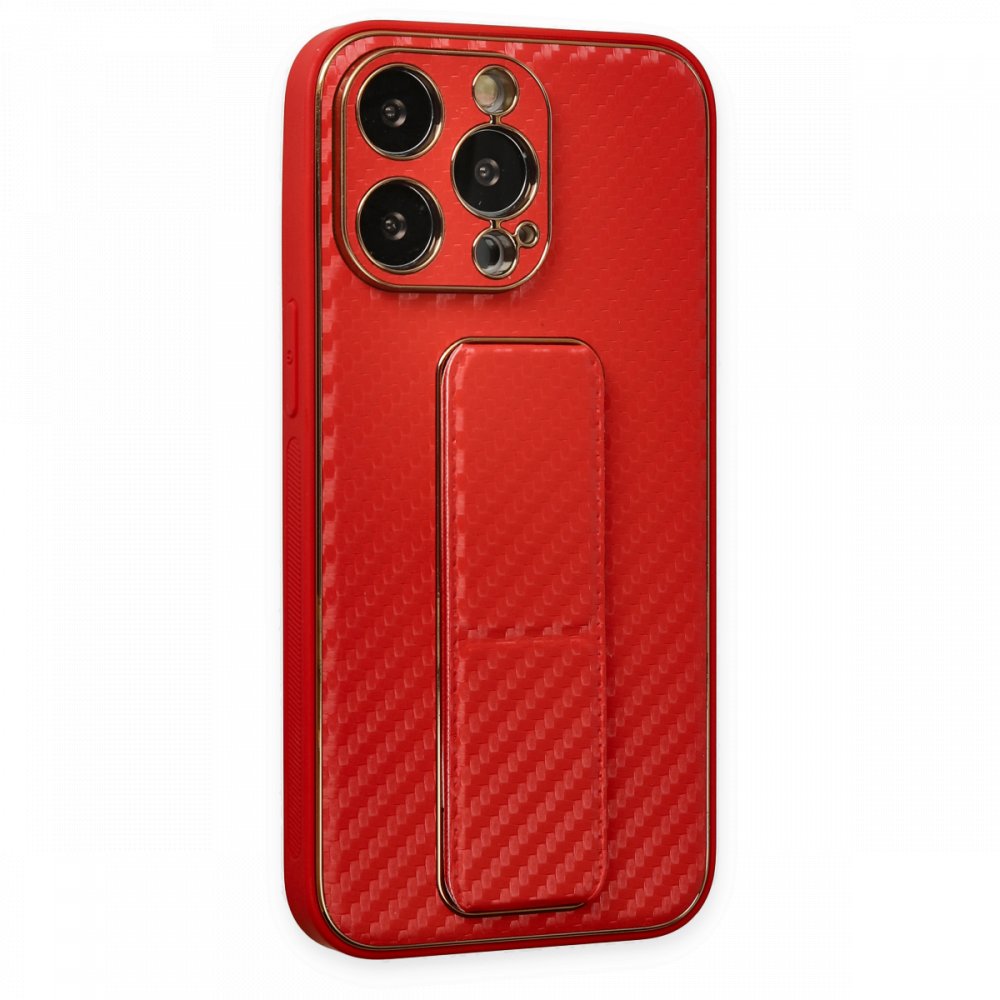 iPhone 13 Pro Kılıf Coco Karbon Standlı Kapak - Kırmızı iPhone 13 Pro Kılıf Coco Karbon Standlı Kapak - Kırmızı