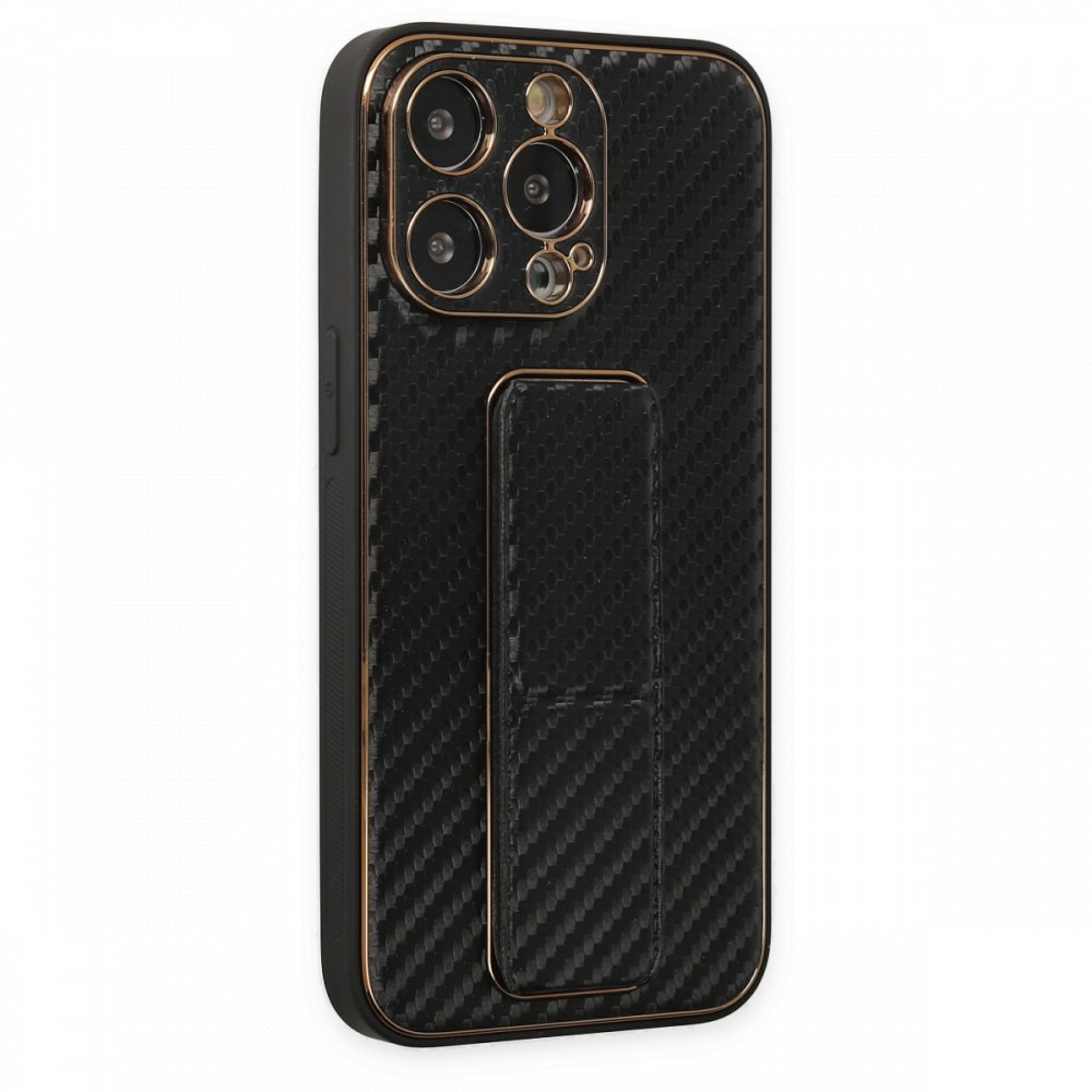 iPhone 13 Pro Kılıf Coco Karbon Standlı Kapak - Siyah iPhone 13 Pro Kılıf Coco Karbon Standlı Kapak - Siyah