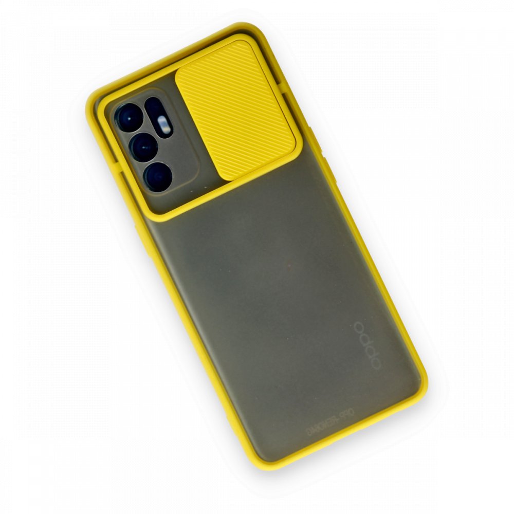 Oppo Reno 6 Kılıf Palm Buzlu Kamera Sürgülü Silikon - Sarı Oppo Reno 6 Kılıf Palm Buzlu Kamera Sürgülü Silikon - Sarı