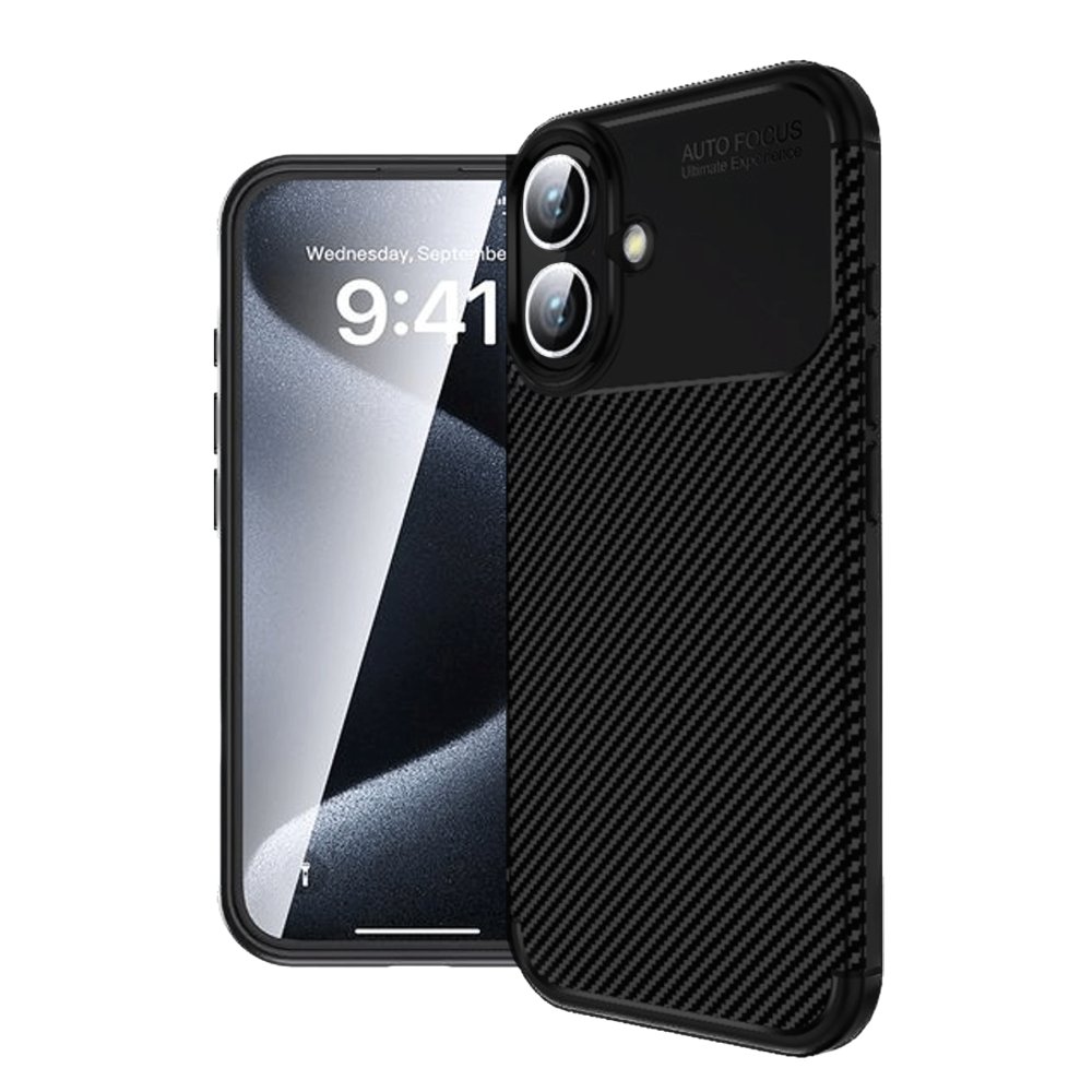 iPhone 16 Plus Kılıf Auto Focus Karbon Kapak - Siyah  iPhone 16 Plus Kılıf Auto Focus Karbon Kapak - Siyah